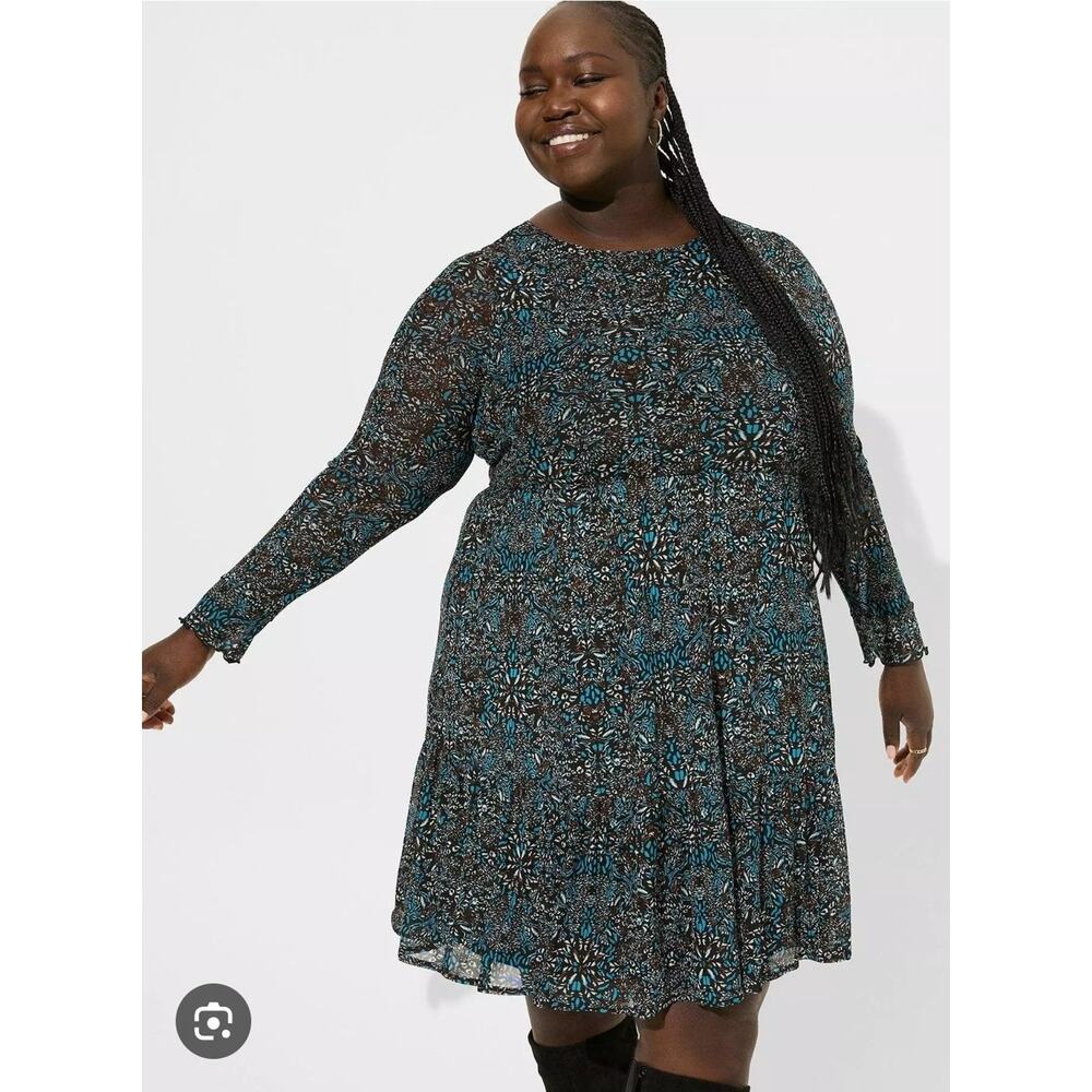 Torrid Mini Dress Plus Size 6X Black Blue Floral‎ Mesh Long Sleeve